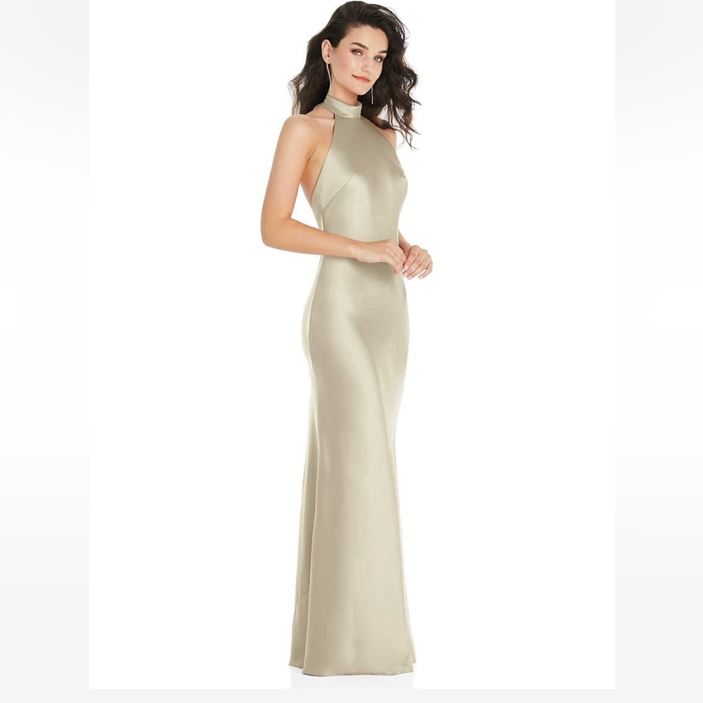 SCARF TIE HIGH-NECK HALTER MAXI SLIP DRESS IN CHAMPAGNE